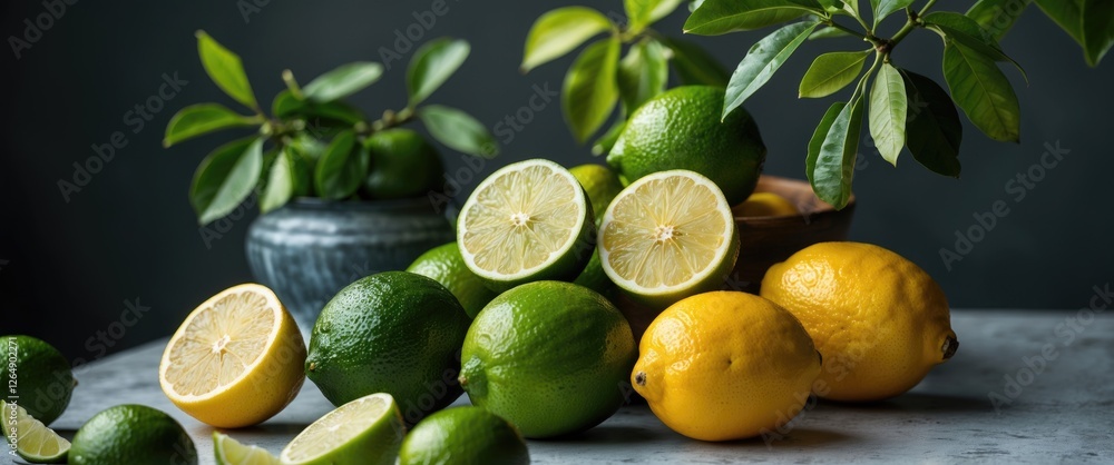 Poster fresh limes and lemons arranged with greenery on a textured surface with copy space for text placeme