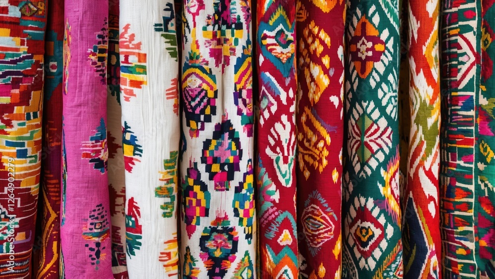 Poster colorful woven textiles with intricate patterns displayed in vertical arrangement showcasing traditi