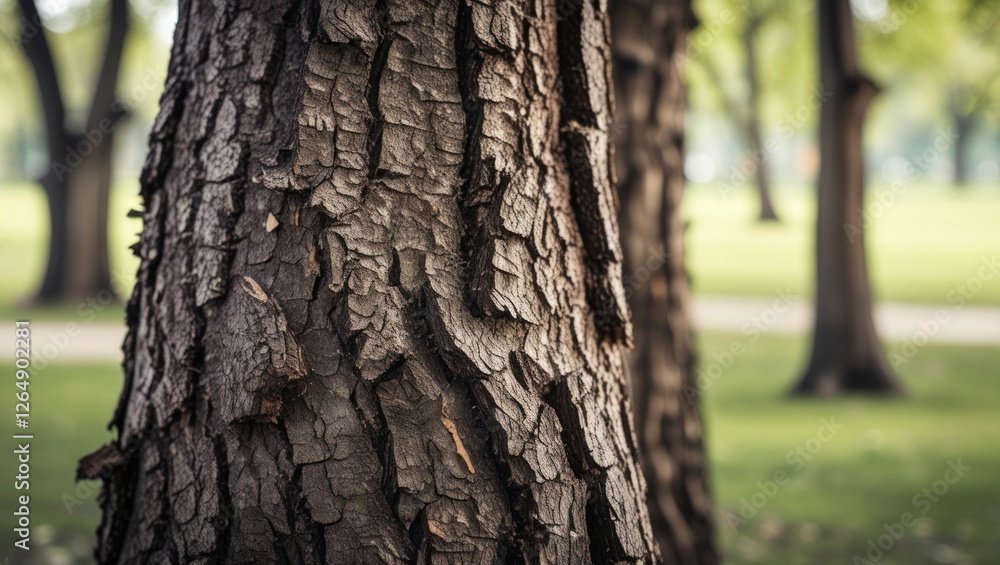 Poster detailed close-up of tree bark texture with background of blurred green park landscape suitable for 