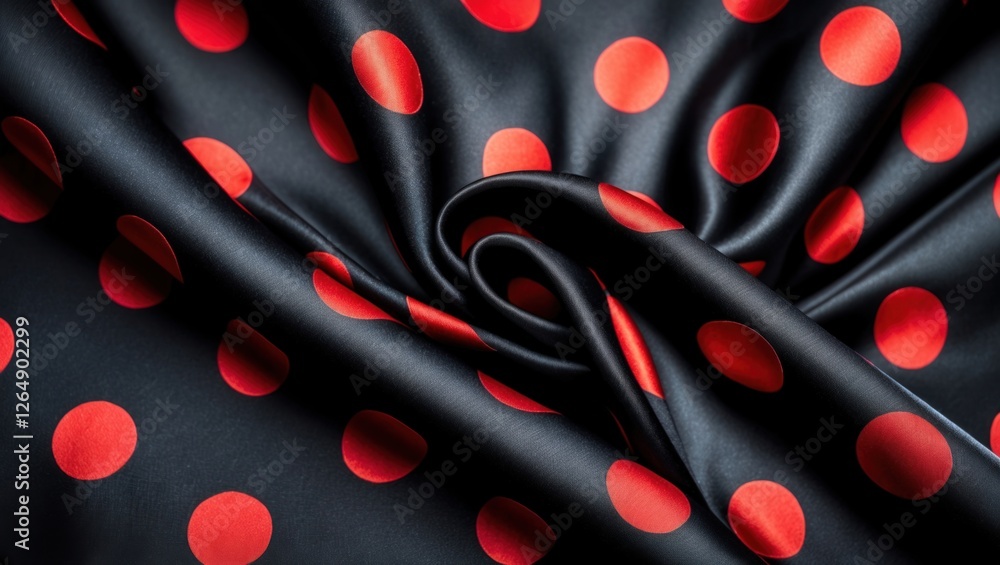 Aufkleber Black fabric with red polka dots arranged in a flowing and textured design suitable for various textile applications. Copy Space
