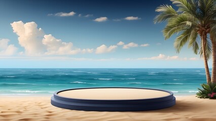 round podium banner with empty space, Navy luxury sea view sandy beach theme background, holiday banner poster background for advertisement ads