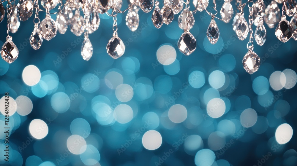 Poster sparkling crystal drops hanging over shimmering blue background with bokeh effects for elegant decor
