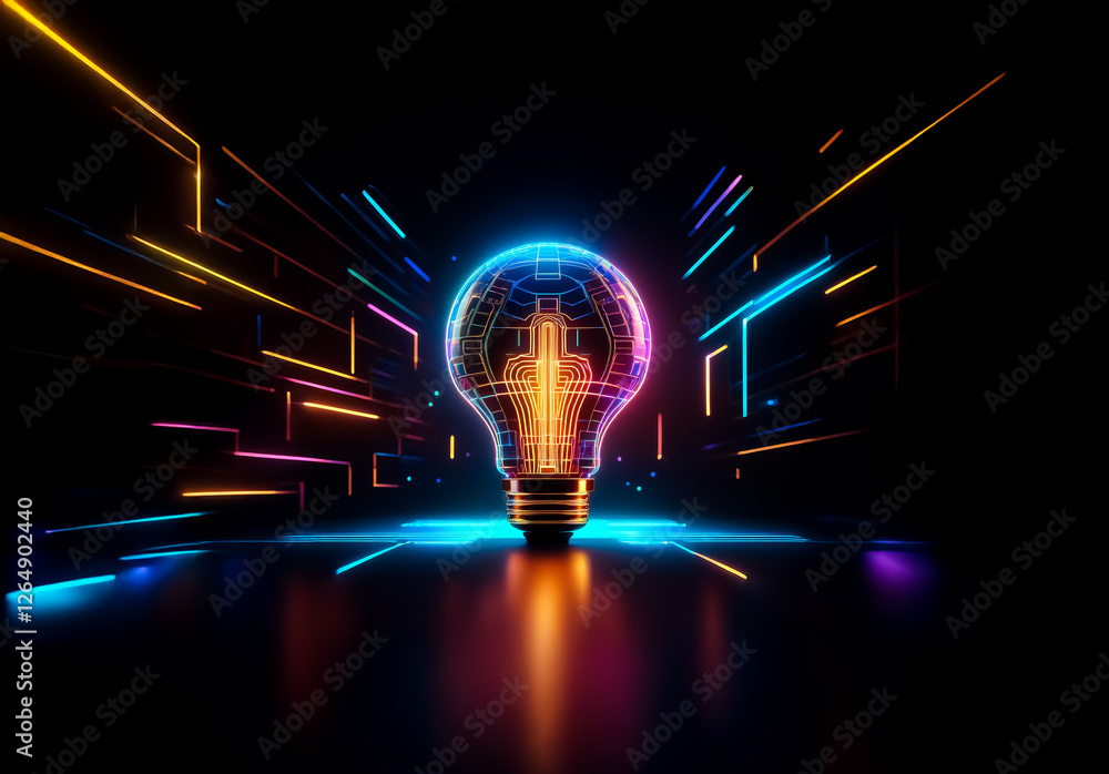 Poster a bright lightbulb stands out against a dark backdrop, illuminated by vibrant neon lines. abstract d
