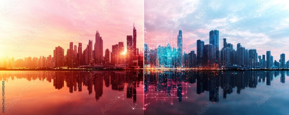 Poster cityscape at sunset with reflection and digital elements representing technology in urban environmen