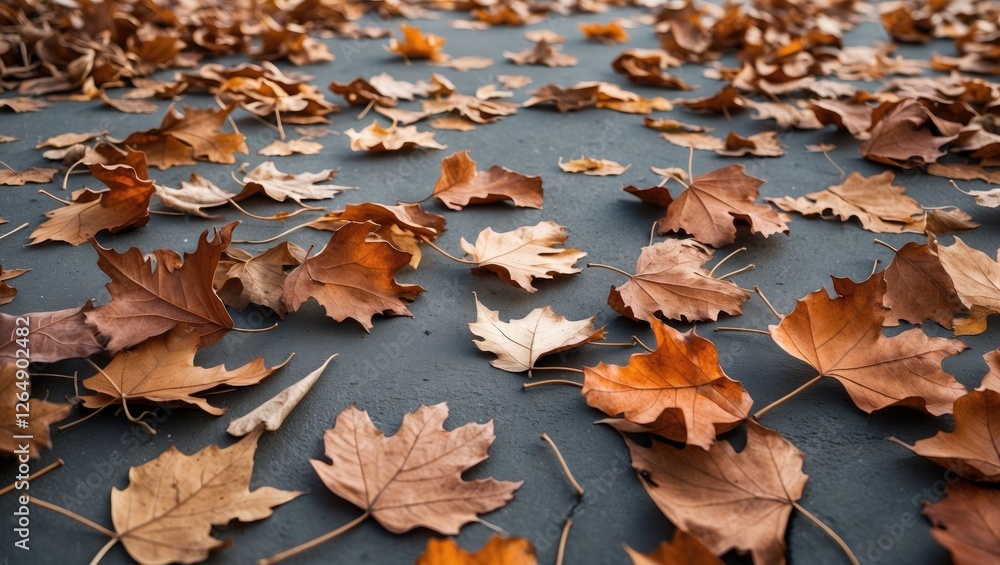 Poster autumn leaves scattered on a gray surface creating a natural texture with colorful foliage and ample