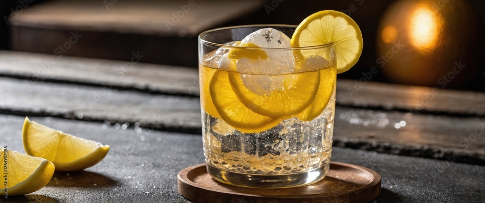 Aufkleber glass of refreshing lemonade with ice and lemon slices on wooden surface with lemon wedges in foregr