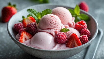 Bowl of strawberry and raspberry ice cream garnished with fresh mint leaves and berries on a textured surface with natural light Copy Space