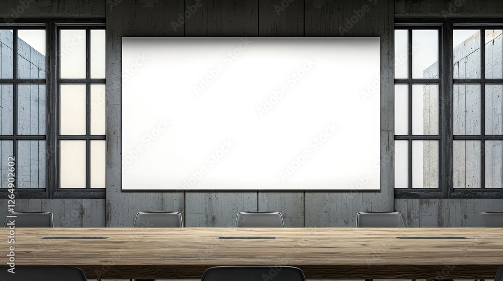Poster this image captures a minimalist meeting space designed for presentations, featuring a simplistic de