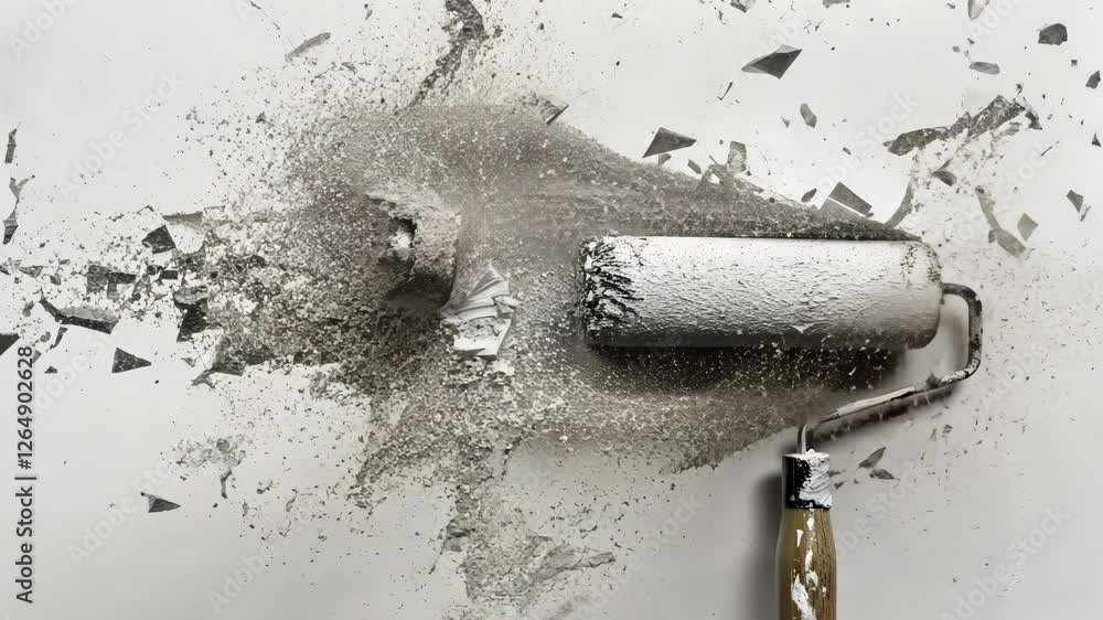 Poster a unique painting technique is displayed with a roller loaded with gray paint creating a dramatic sp