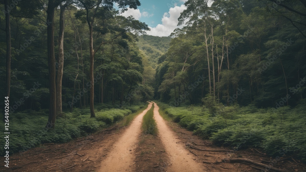 Poster dirt path through lush forest landscape surrounded by trees and foliage under a cloudy sky with ampl
