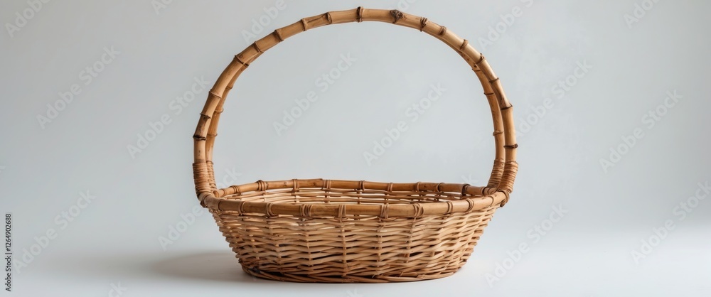 Poster woven wicker basket with rounded handle on neutral background showcasing craftsmanship and texture w
