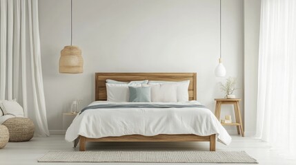 Cozy bedroom with a classic wooden bed frame, pastel bedding, and a minimalist yet inviting design