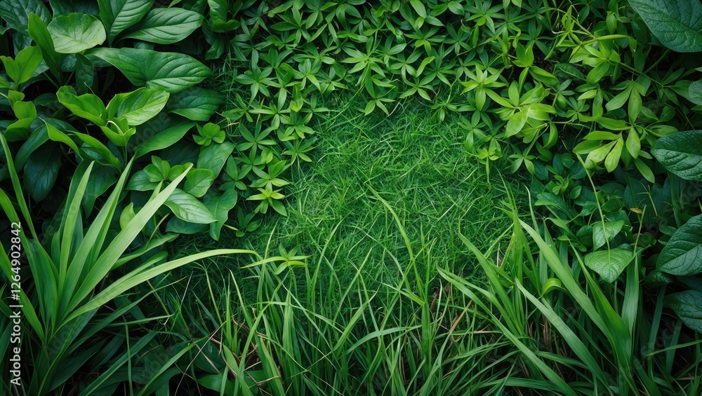 Poster lush green foliage with various plant leaves and grass creating a natural background with ample copy