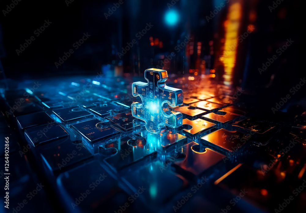Leinwandbilder a luminous puzzle piece rests on a circuit-like surface, bathed in vibrant blue and orange light. th