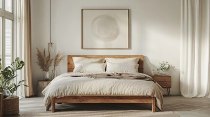 Cozy bedroom with a classic wooden bed frame, pastel bedding, and a minimalist yet inviting design