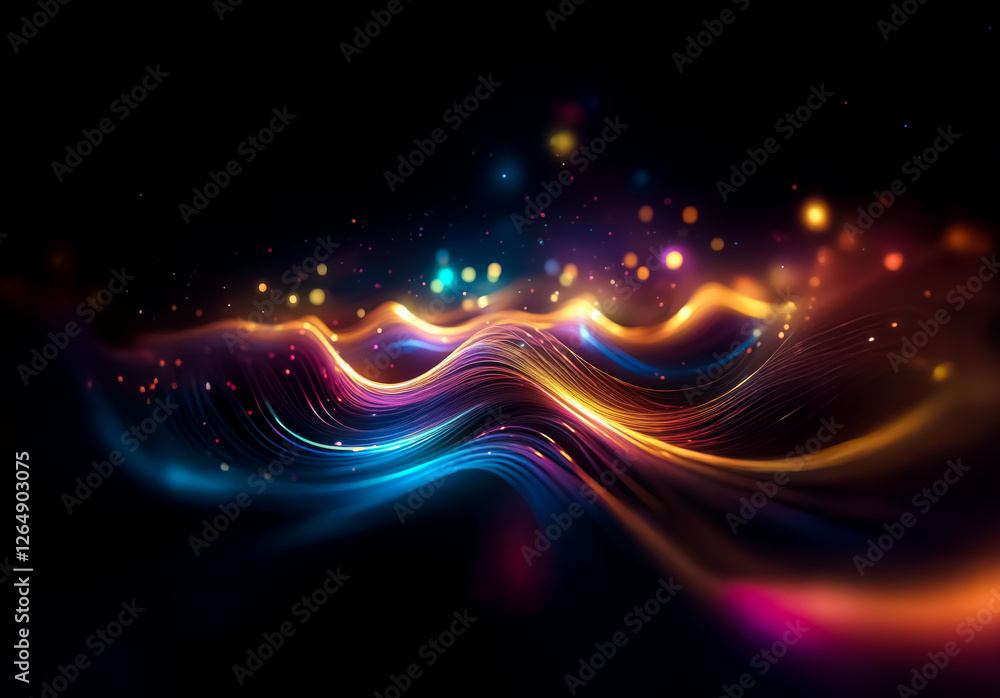 Aufkleber abstract image featuring flowing waves of light against a dark background. vibrant hues of blue, ora