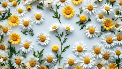 White and yellow daisies arranged flat on a light background with green leaves and copy space for text