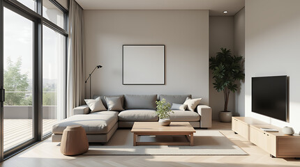 Fototapeta premium Japandi, minimalist loft interior design of modern living room