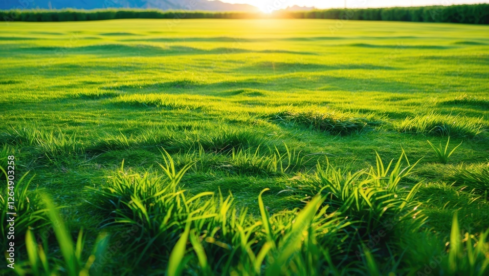 Aufkleber green grassy landscape with sun setting in the background displaying vibrant colors and copy space f