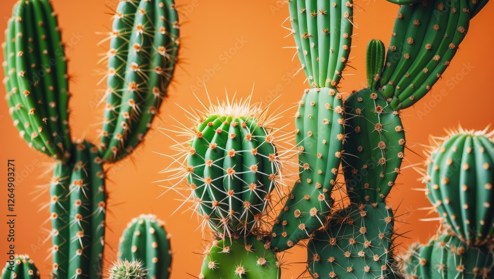 Poster cacti with spines in various sizes against vibrant orange background with natural lighting and copy 