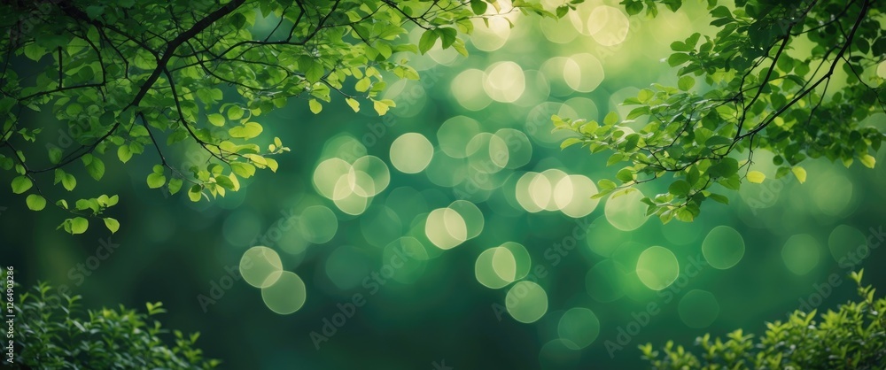 Poster nature bokeh background with green leaves and soft out of focus light effects in a tranquil garden s