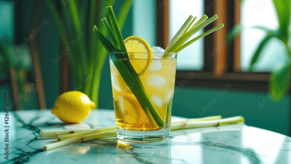 Poster refreshing cocktail with lemon slices and green onions on a marble table with a lemon in the backgro