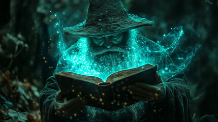 Mystical gnome wizard reading a magic book surrounded by enchanting blue sparks