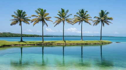 Fototapeta premium Five Palm Trees Reflecting in Tranquil Turquoise Waters