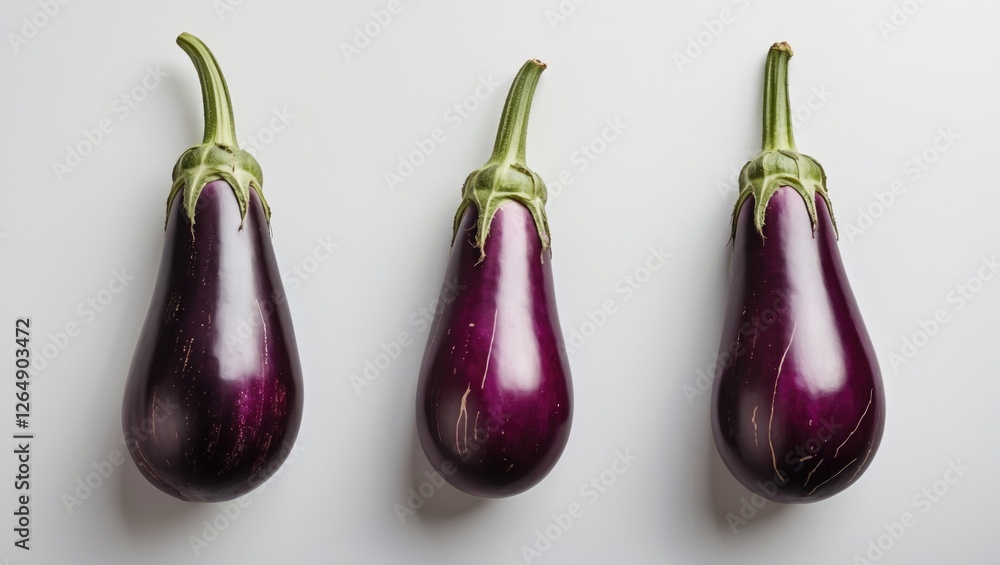 Poster three fresh whole eggplants arranged horizontally on a light background with ample copy space for te