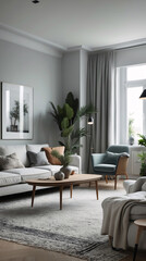 Fototapeta premium Bright minimalist Scandinavian living room with neutral gray couch featuring simple design and functional furniture for a clean look Modern Interior Design Inspiration