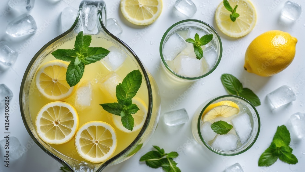 Aufkleber refreshing lemonade in a pitcher with lemon slices and mint leaves surrounded by glasses of lemonade