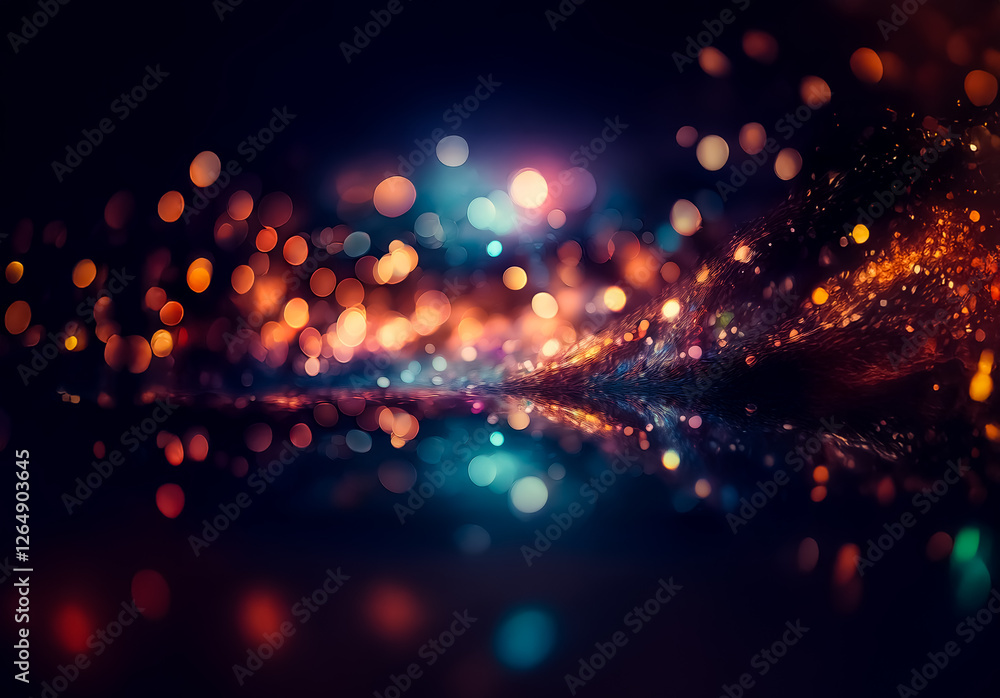 Poster abstract blurred background featuring bokeh lights in orange, blue, and green, creating a shimmering