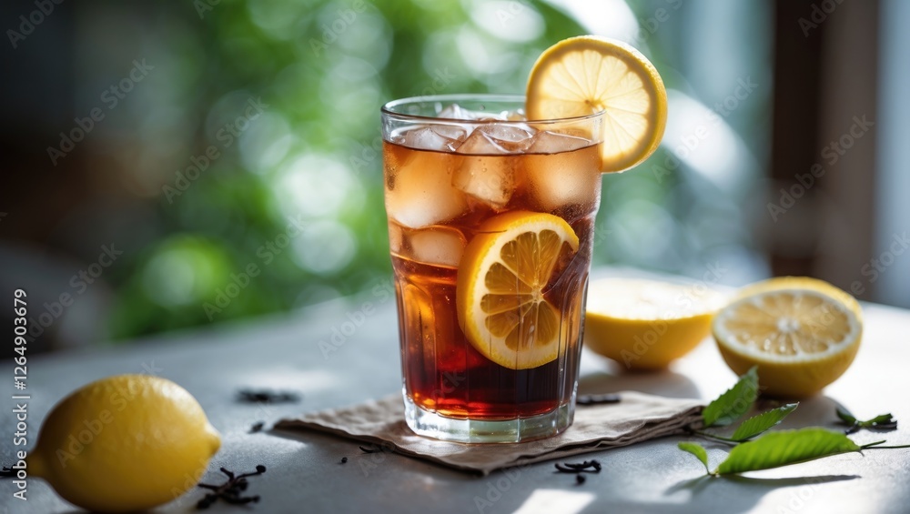 Poster refreshing iced tea with lemon slices and ice in a glass with lemon halves and leaves on a table wit