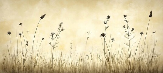 Romantic, Vintage Background Soft Beige Watercolor Flower Field, Subtle Texture, Pastel Style.