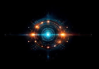 A glowing circular abstract design featuring blue and orange lights set against a dark background.  This creates a futuristic and energetic visual element.