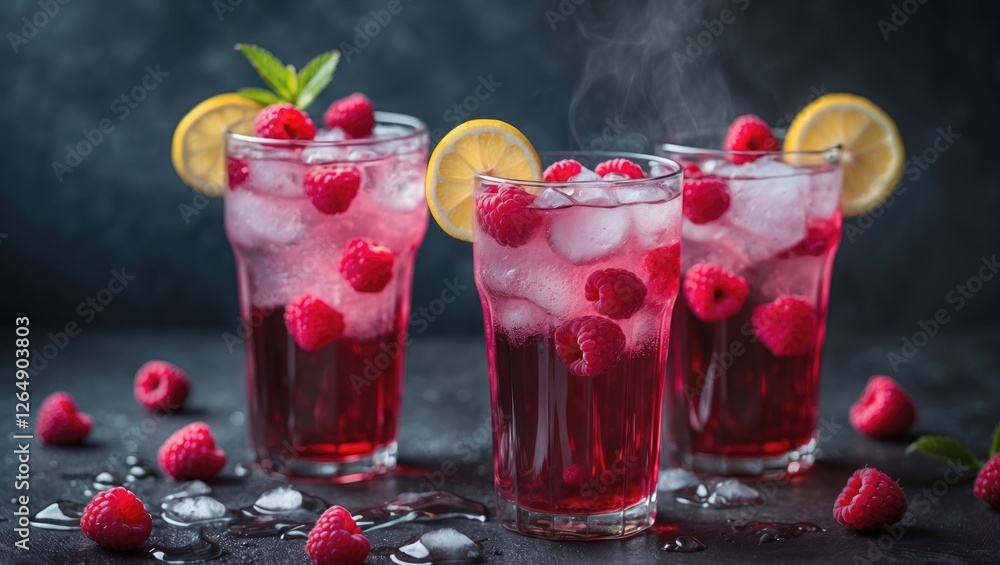 Poster refreshing raspberry lemonade cocktails in glassware with ice and lemon garnishes against a dark bac