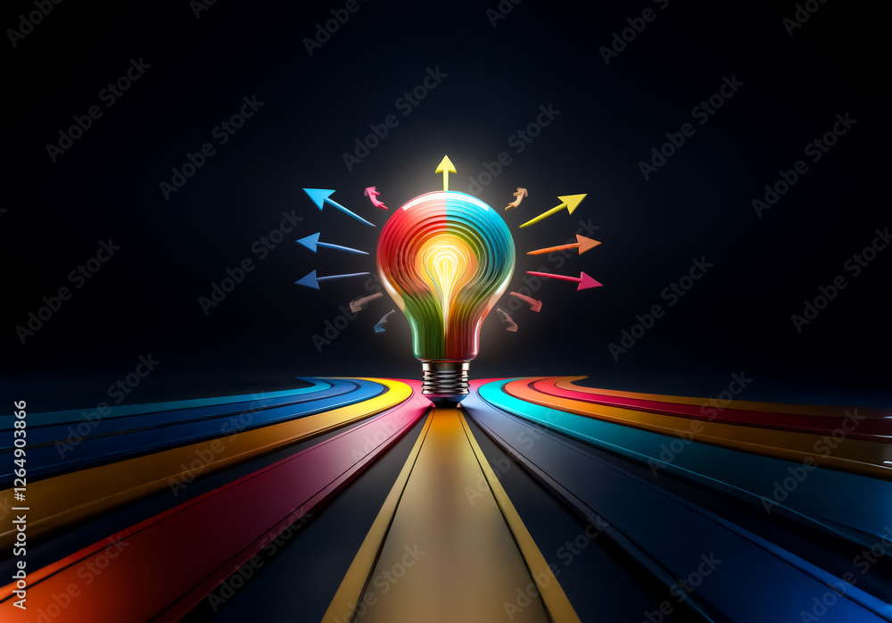 Aufkleber a vibrant light bulb emits colorful arrows, representing ideas and diverse paths, set upon a path of