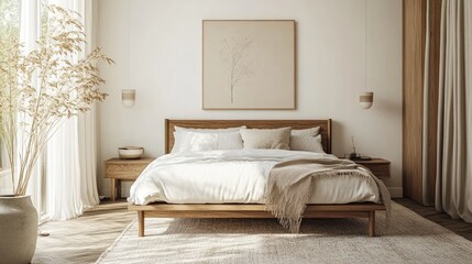 Cozy yet modern bedroom with a classic wooden bed, pastel linens, and a peaceful minimalist decor