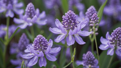 Obraz premium Purple flowering plants in a natural setting with vibrant blooms and green foliage, suitable for backgrounds and floral designs, Copy Space