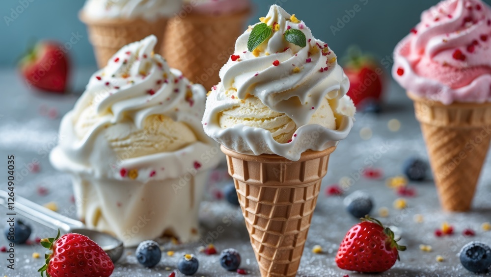 Poster delicious ice cream cones with colorful toppings and fresh berries on a textured surface with copy s