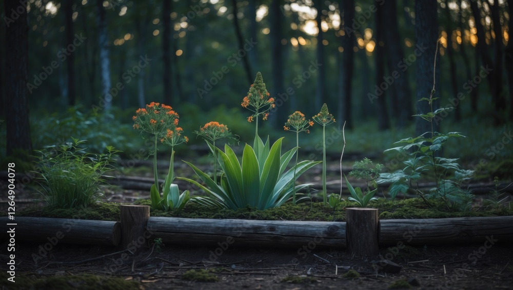 Poster forest setting with vibrant flowers and greenery surrounding a log in soft twilight light with ample