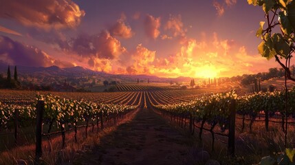 Fototapeta premium Vineyard sunset landscape.