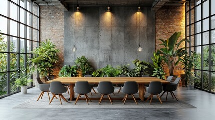 A vibrant meeting room filled with natural light and lush greenery, creating an energizing atmosphere that promotes wellness, creativity, and collaborative thinking.