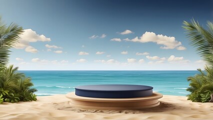 round podium banner with empty space, Navy luxury sea view sandy beach theme background, holiday banner poster background for advertisement ads