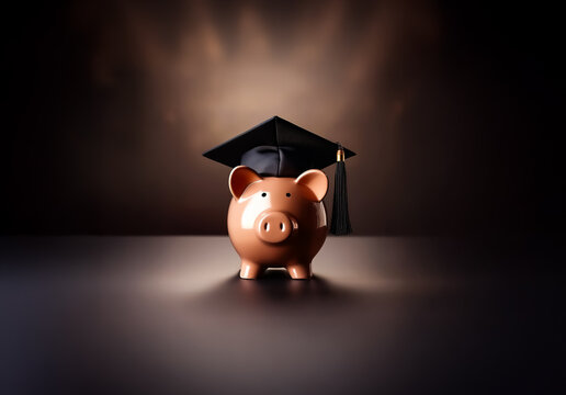 Piggy bank wearing a graduation cap symbolizes saving for education and future academic pursuits. Financial planning for educational goals.