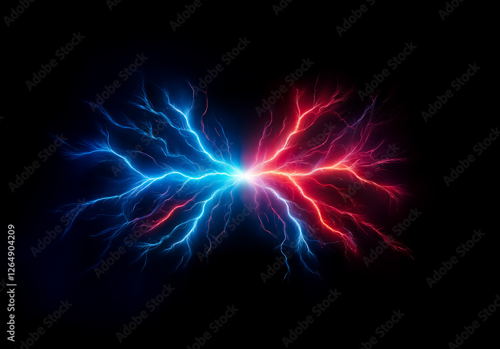 Poster vibrant blue and red lightning bolts collide powerfully against a stark black backdrop, creating a d