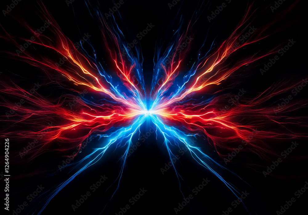 Poster vibrant red and blue energy bursts from a central point on a black backdrop, creating a dynamic abst