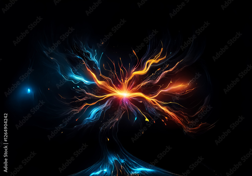 Poster vibrant energy bursts forth from a central point, radiating bright orange and blue streams against a