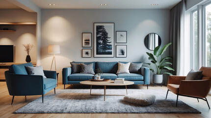 Clean and sleek Scandinavian living room with neutral gray couch minimalist design and fresh decor for an uncluttered atmosphere Modern Interior Design Inspiration