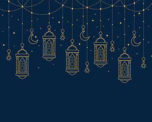 illustration of gold islamic lantern crescent and stars hanging line art banner on blue background decoration